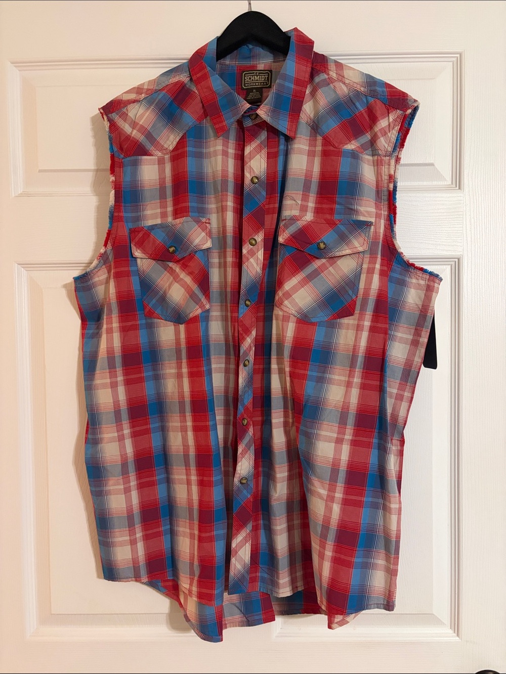 C.E. Schmidt Workwear Sleeveless Western Plaid Pearl Snap Shirt XL Red Blue